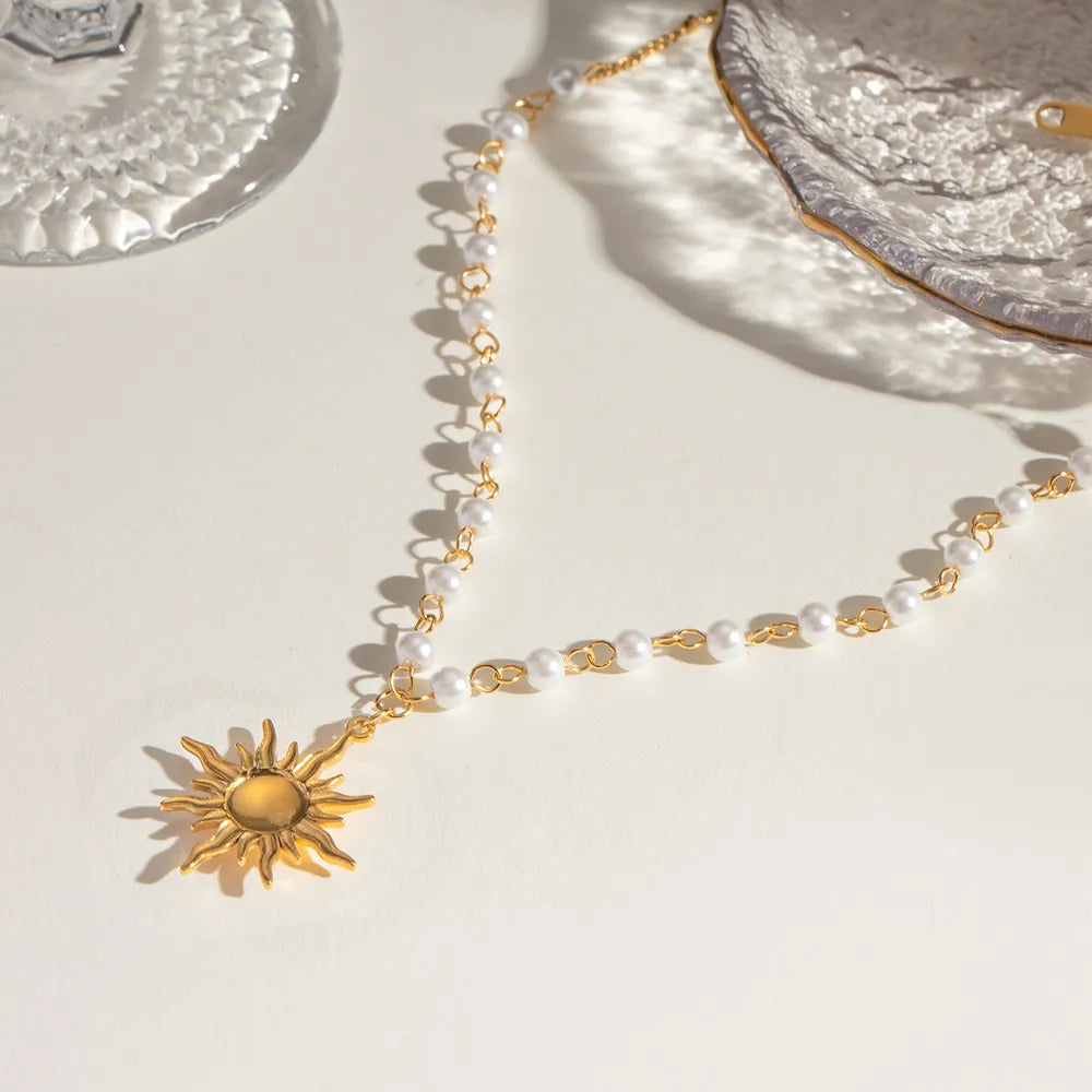 Gold Sun Pendant Necklace with Pearl Chain