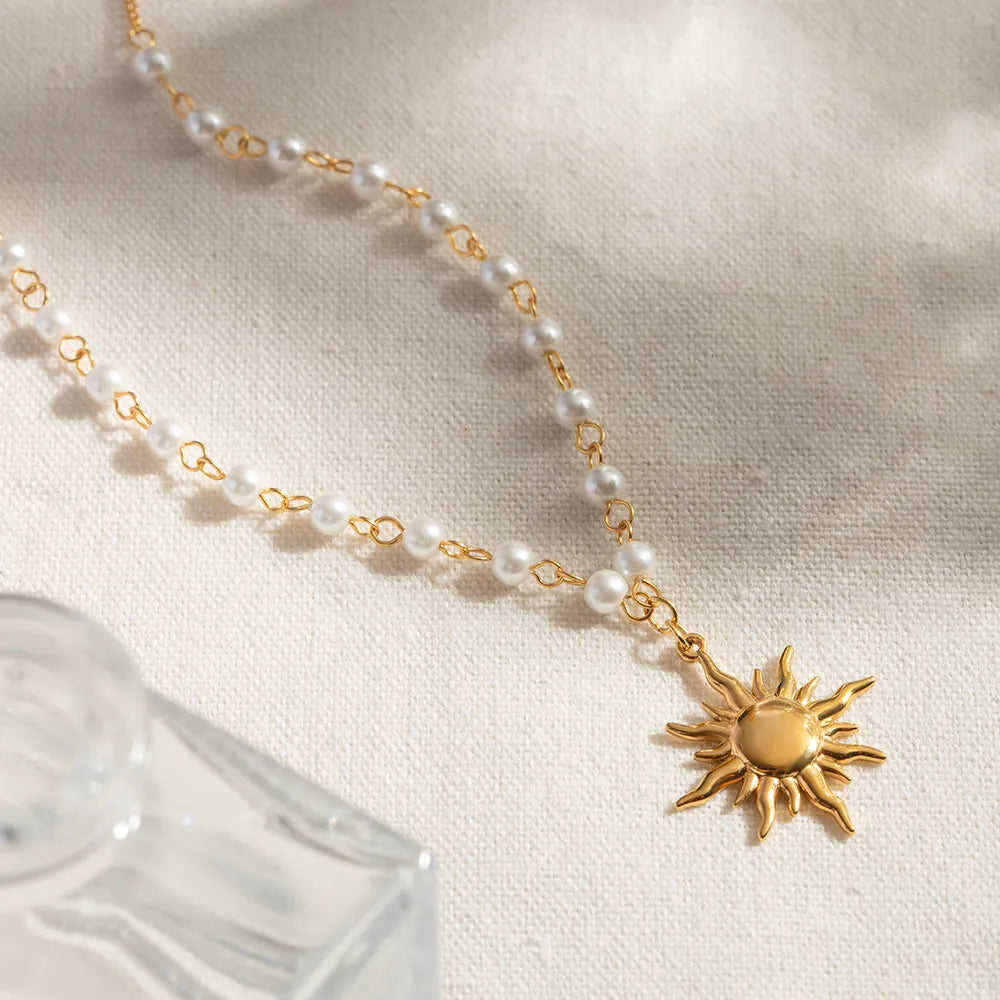 Gold Sun Pendant Necklace with Pearl Chain