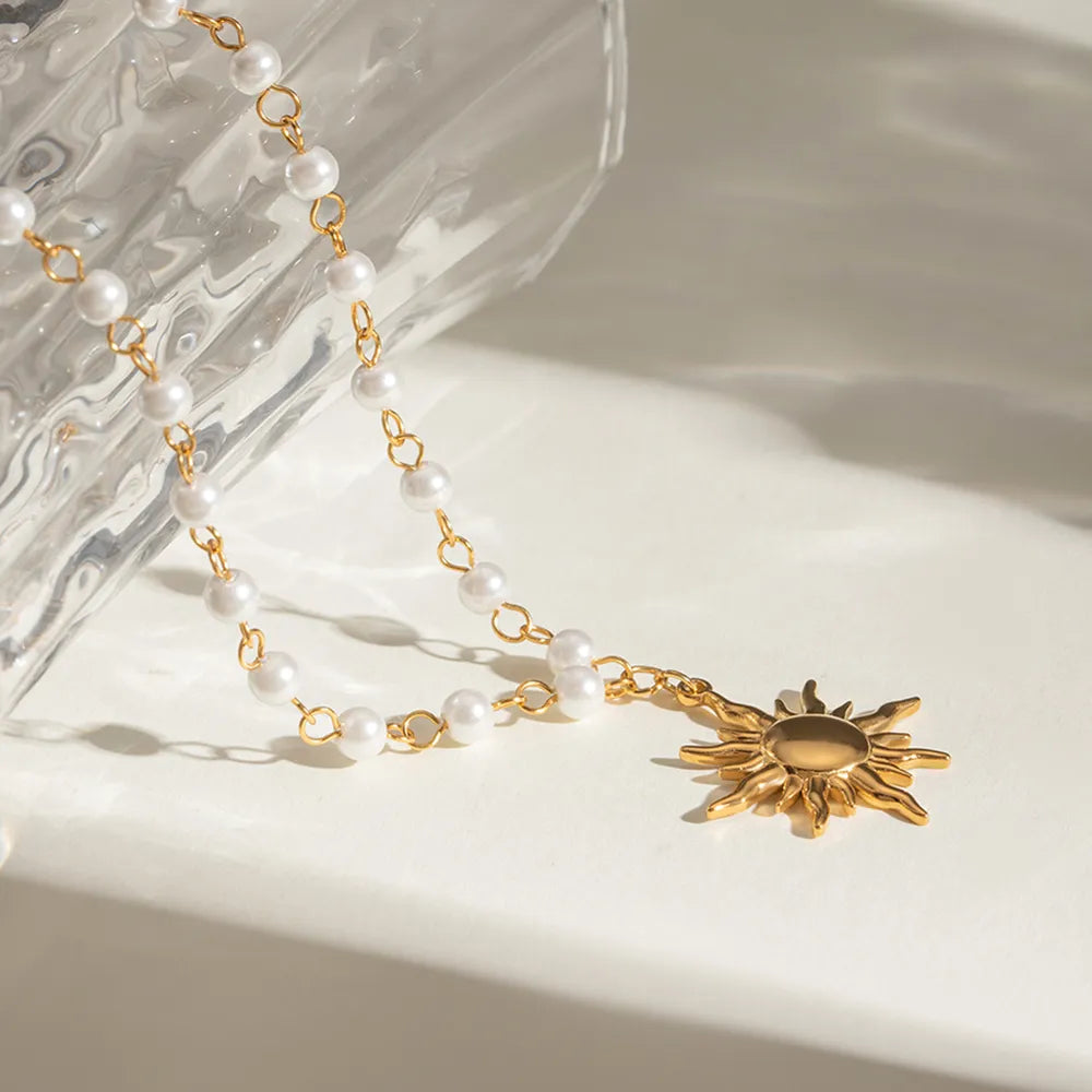 Gold Sun Pendant Necklace with Pearl Chain