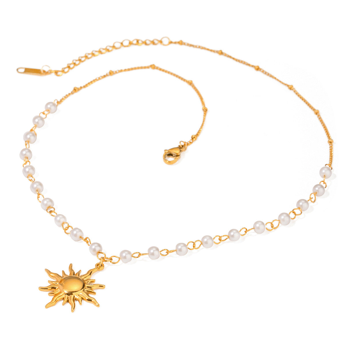 Gold Sun Pendant Necklace with Pearl Chain