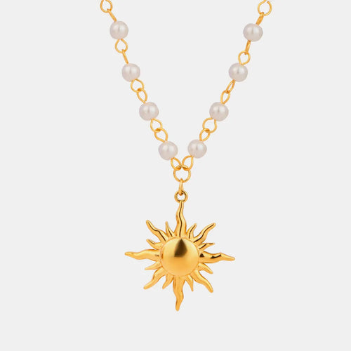 Gold Sun Pendant Necklace with Pearl Chain