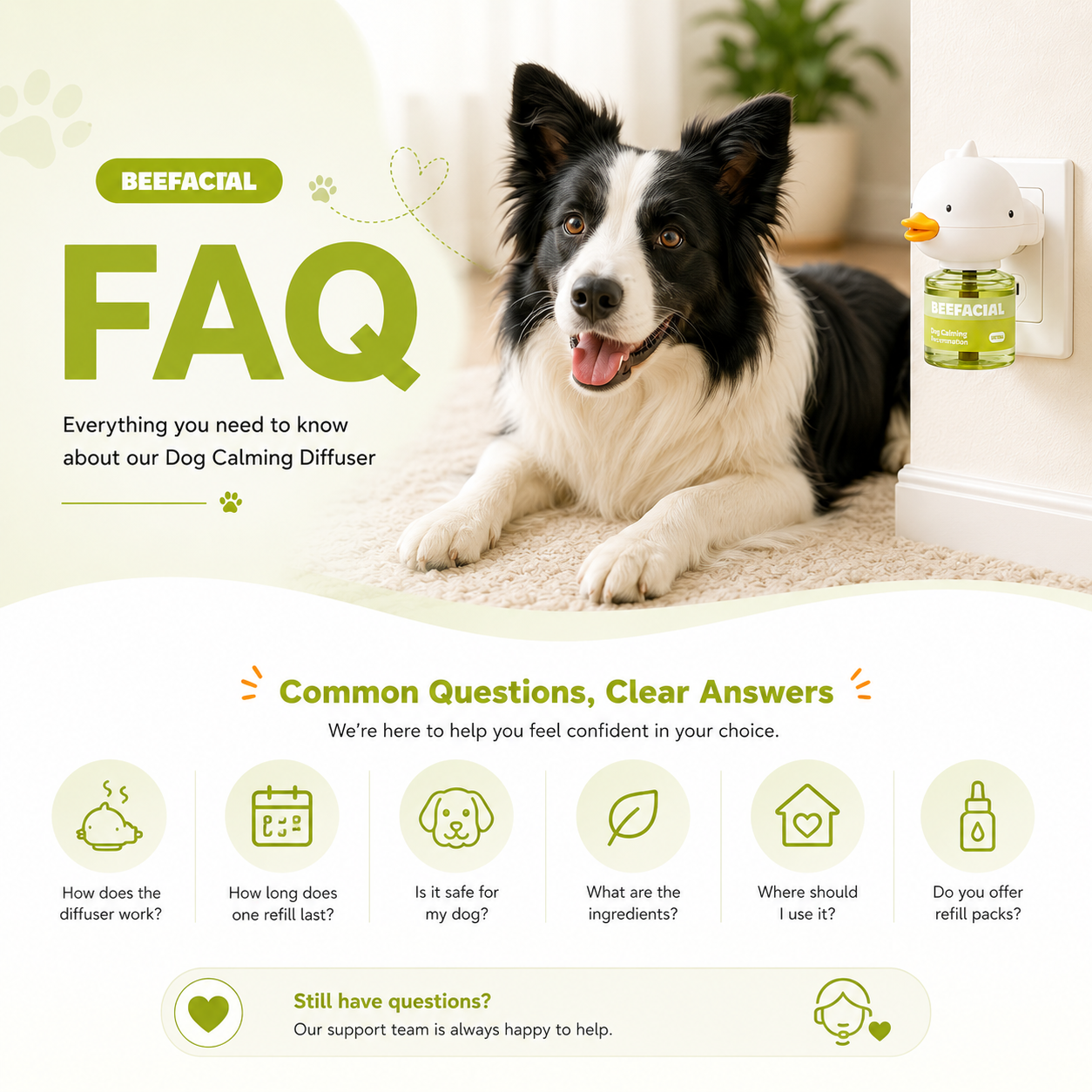 BEEFACIAL dog calming diffuser FAQ graphic