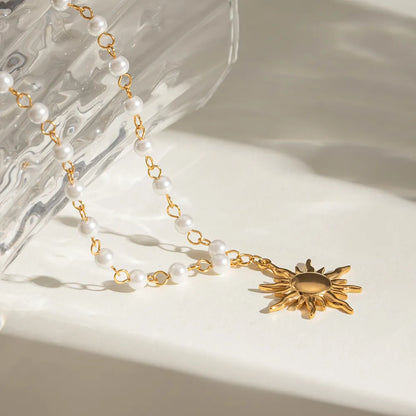 Gold Sun Pendant Necklace with Pearl Chain