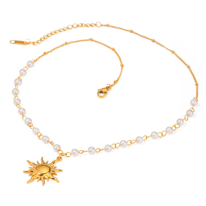 Gold Sun Pendant Necklace with Pearl Chain