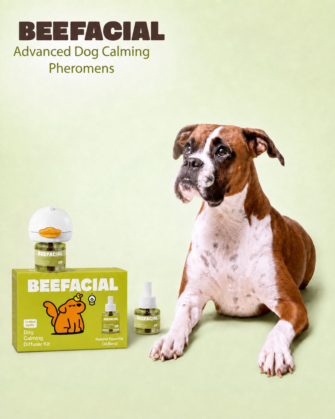 Boxer dog with BEEFACIAL calming diffuser products