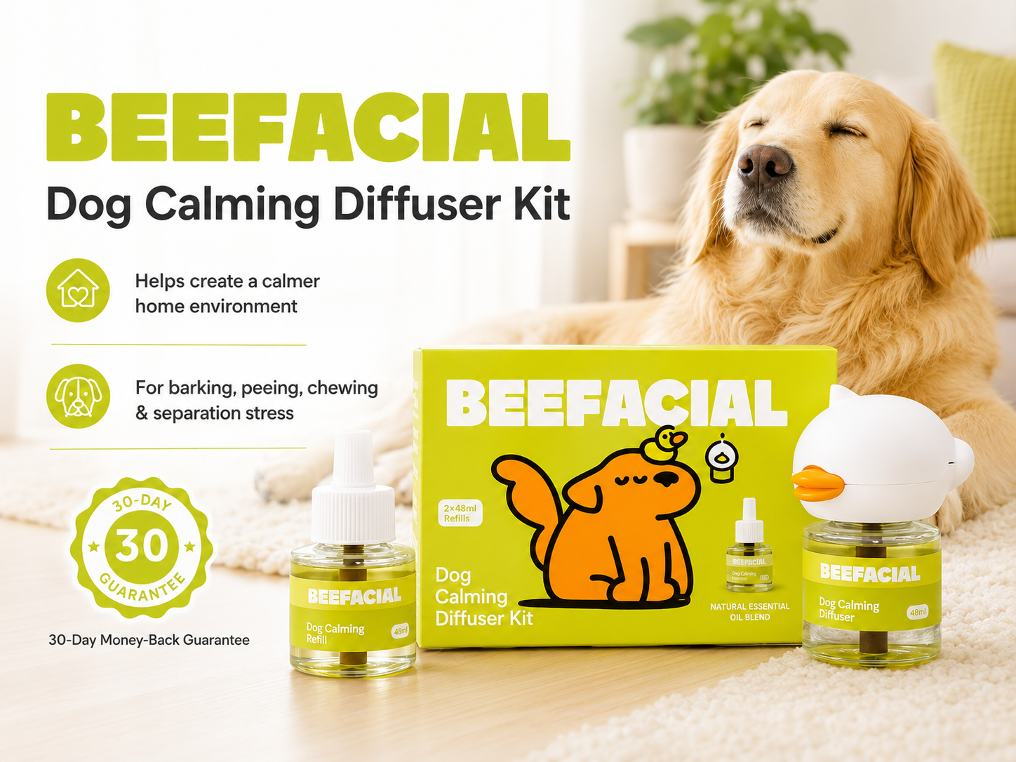 BEEFACIAL dog calming diffuser kit with relaxed dog